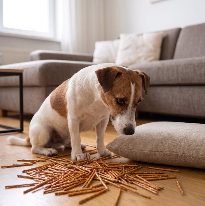 Hund sitzt vor Salzstangen